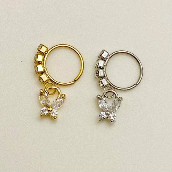 Dangle Butterfly Nose Hoop Made Of Surgical Steel 20g 8mm Hoop - Picture 2 of 3